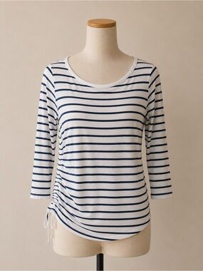 White House Black Market Navy and White Striped Scoop-Neck Top